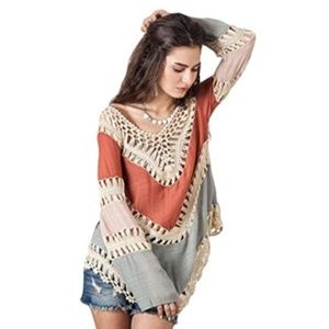 Women's Crochet  Boho Bohemian Blouse Top Medium